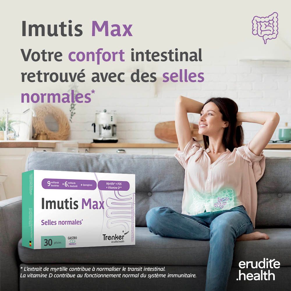 Boîte Imutis Max de 30 gélules, formule améliorée pour des selles normales.