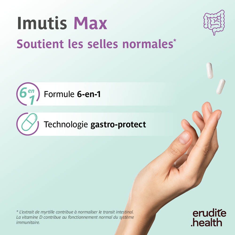Boîte Imutis Max de 60 gélules, 9 milliards bactéries et 6 milliards S. boulardii.