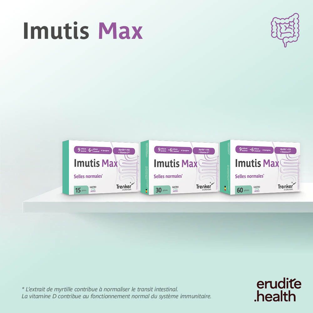 Boîte Imutis Max de 60 gélules, pour selles normales.