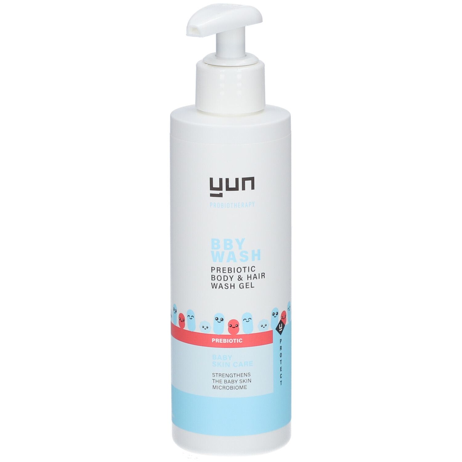 Weiße Flasche mit Pumpe. Aufschrift: YUN, BBY WASH, Prebiotic Body & Hair Wash Gel. Illustrationen.
