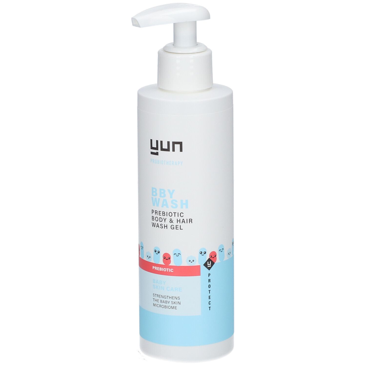 Weiße Flasche mit Pumpe. Aufschrift: YUN, BBY WASH, Prebiotic Body & Hair Wash Gel. Illustrationen.