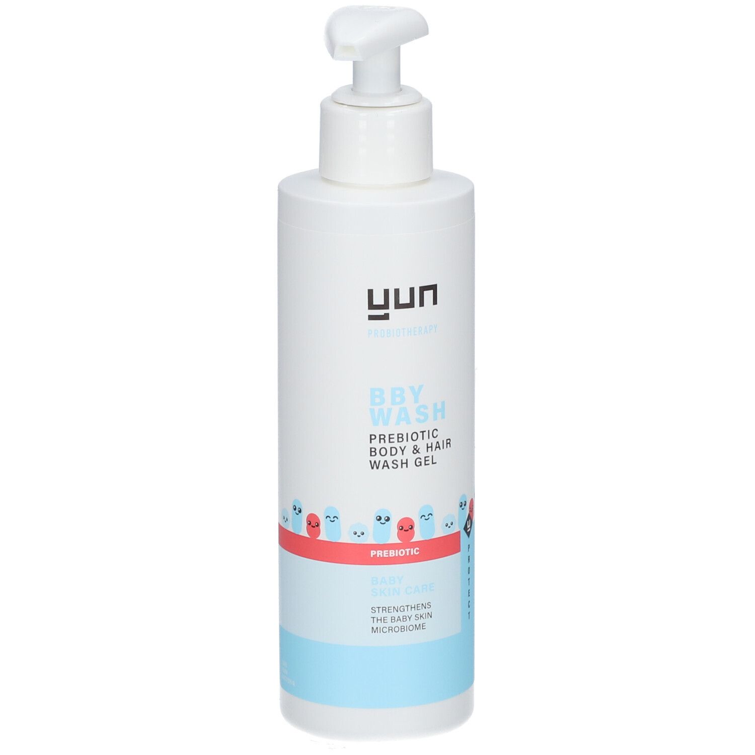 Weiße Flasche mit Pumpe. Aufschrift: YUN, BBY WASH, Prebiotic Body & Hair Wash Gel. Illustrationen.