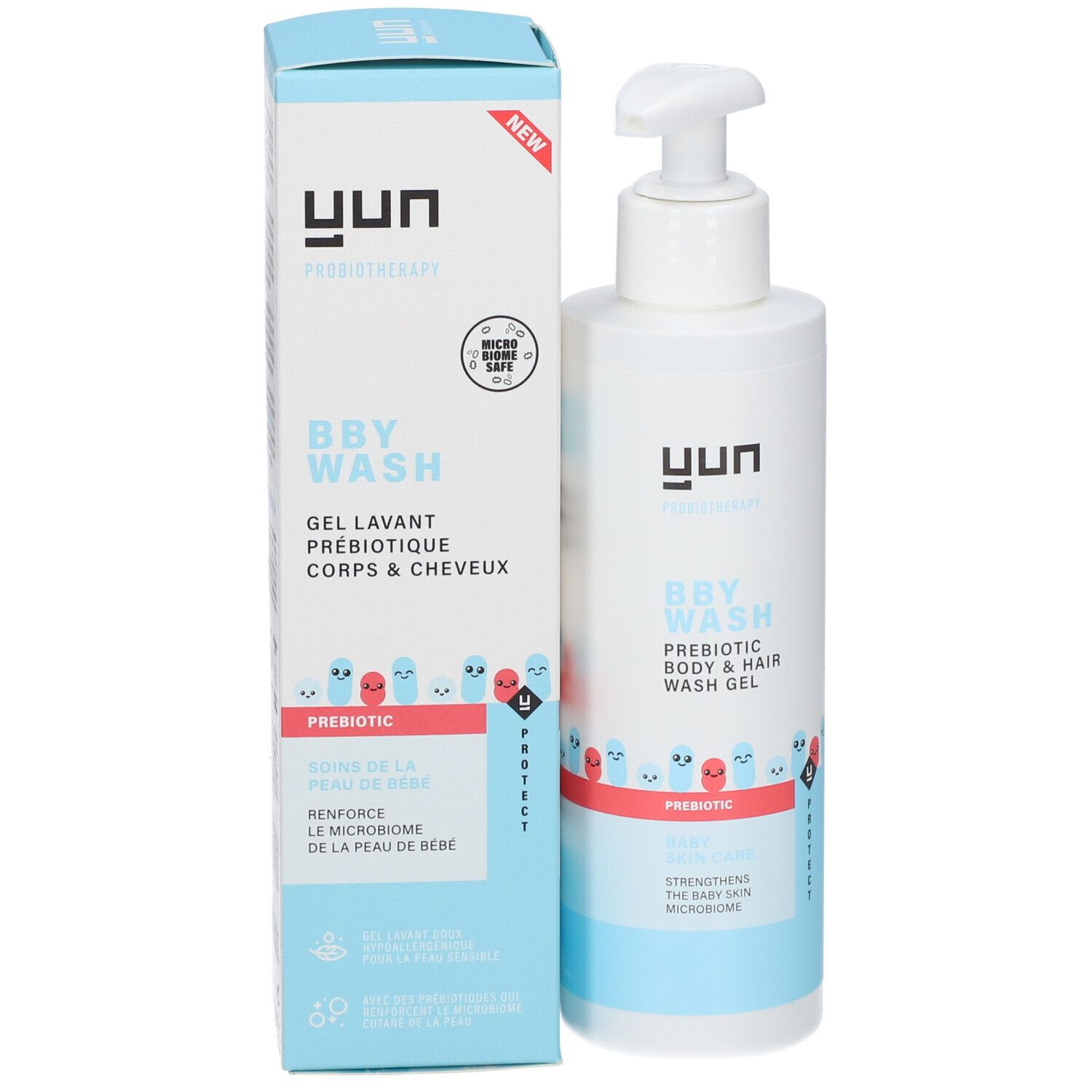 Produktverpackung und Flasche. Aufschrift: YUN, BBY WASH, Gel Lavant Prébiotique Corps & Cheveux. Illustrationen.
