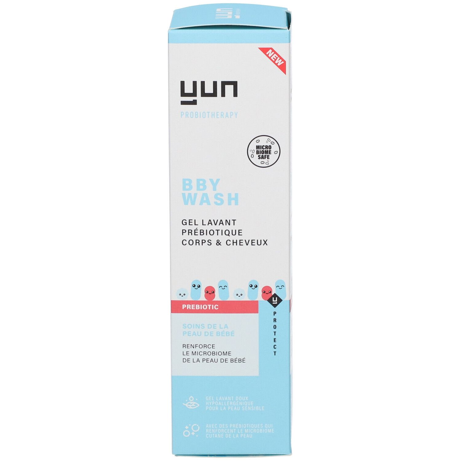 Produktverpackung. Aufschrift: YUN, BBY WASH, Gel Lavant Prébiotique Corps & Cheveux. Illustrationen.