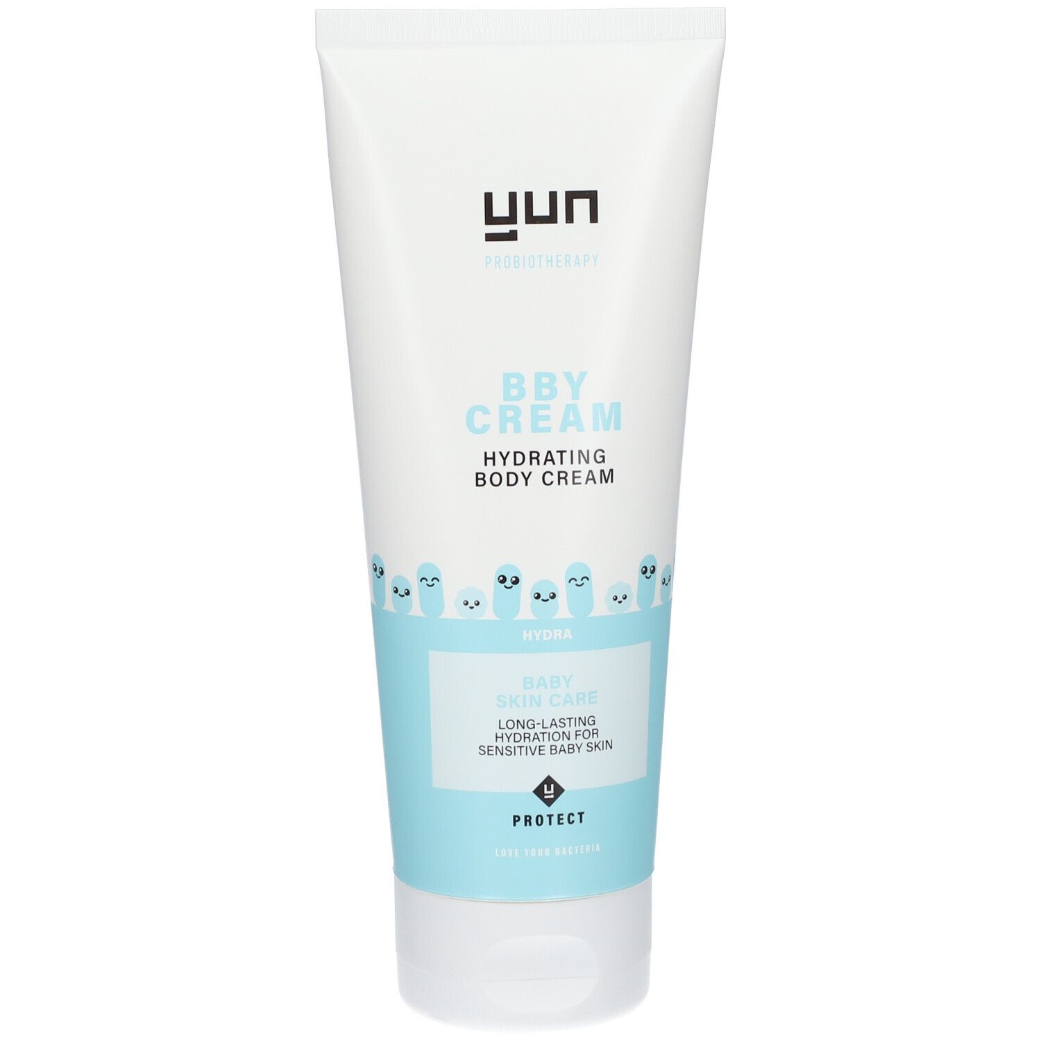 Weiße Tube mit YUN-Logo und Aufschrift BBY CREAM. Blaue Akzente und Illustrationen. Hydrating Body Cream.