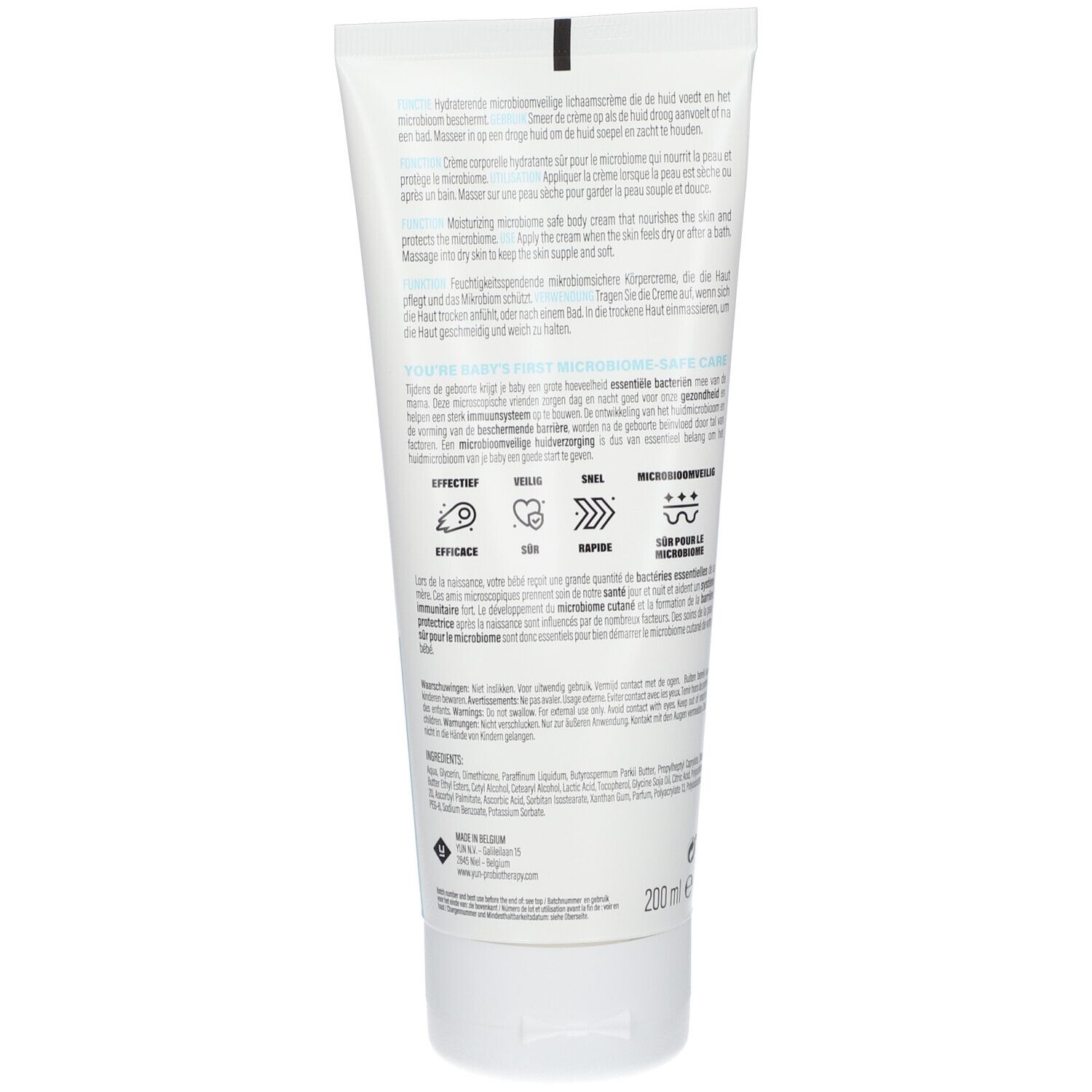 Rückseite der weißen Tube. Text in mehreren Sprachen. Illustrationen und Symbole. 200 ml.