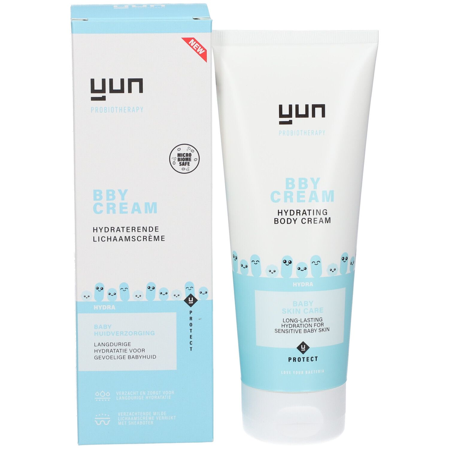 Produktverpackung mit Tube und Karton. YUN-Logo, BBY CREAM. Hydraterende Lichaamscreme. Babyhuidverzorging.