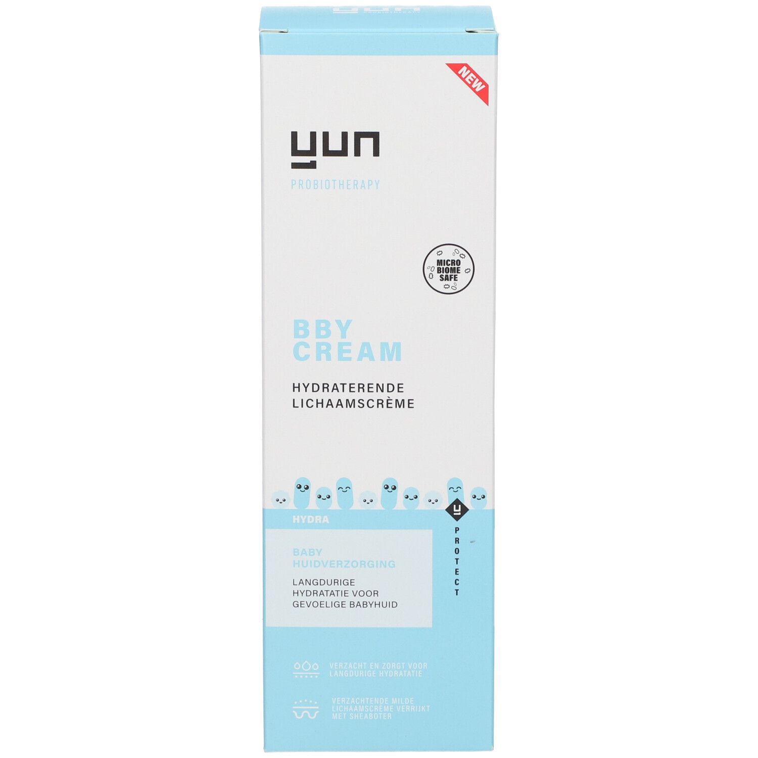 Hohe, rechteckige Produktverpackung. YUN-Logo, BBY CREAM. Hydraterende Lichaamscreme. Babyhuidverzorging.