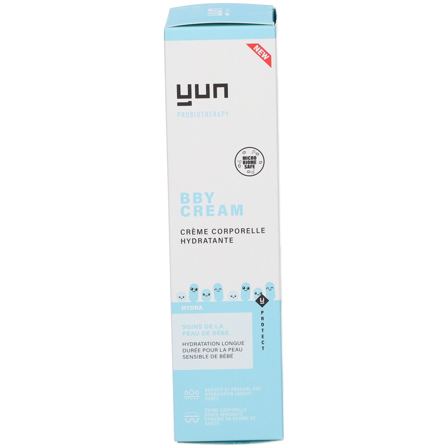 Hohe, rechteckige Produktverpackung. YUN-Logo, BBY CREAM. Crème corporelle hydratante. Babyhuidverzorging.