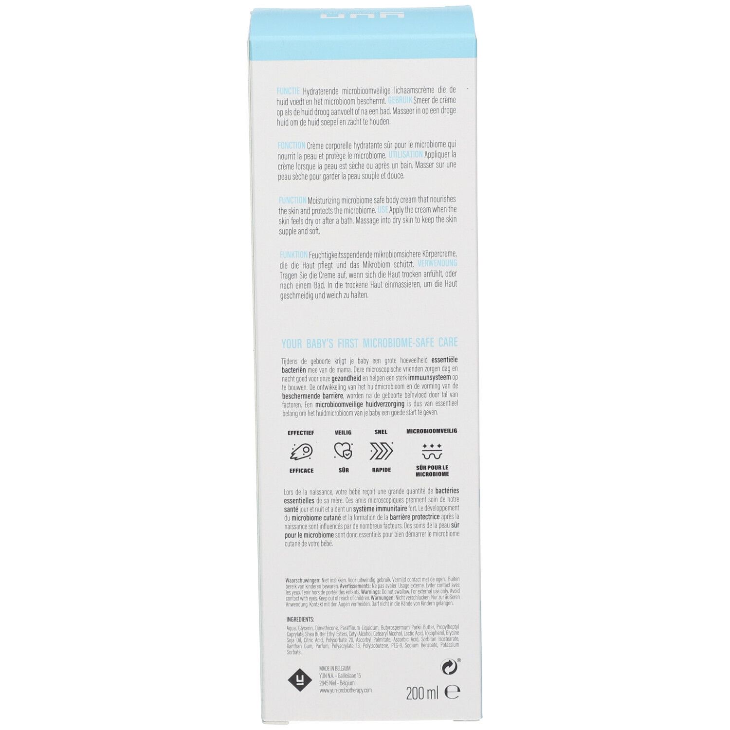Rückseite der Produktverpackung. Text in mehreren Sprachen. Illustrationen und Symbole. 200 ml.