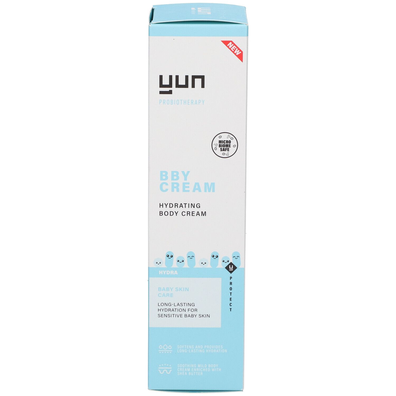 Hohe, rechteckige Produktverpackung. YUN-Logo, BBY CREAM. Hydrating Body Cream. Baby Skin Care.