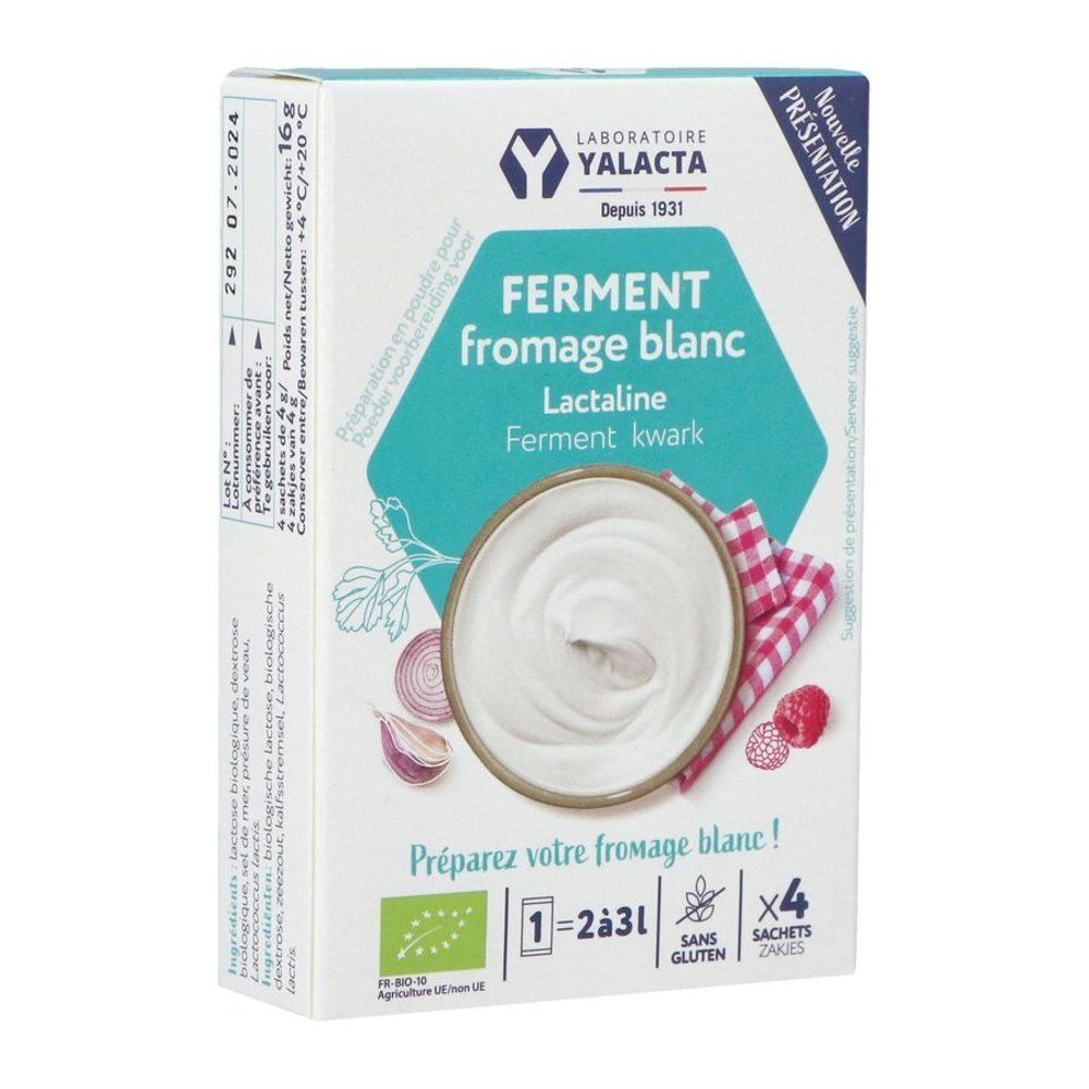 Boîte "FERMENT fromage blanc". Contient 4 sachets. Label bio. Visuel de fromage blanc et ingrédients.