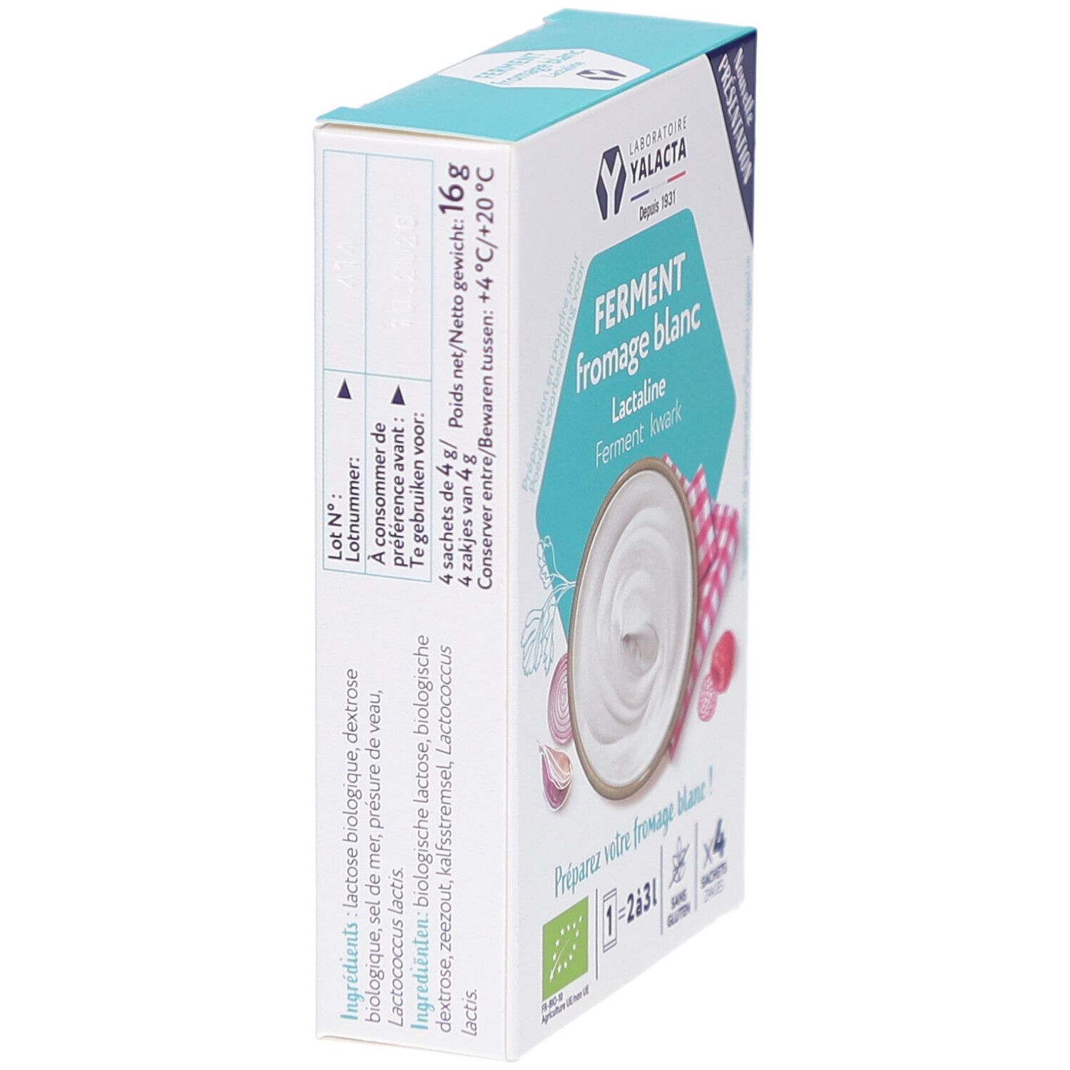 Verpackung, Seitenansicht. Aufschrift "FERMENT fromage blanc". Enthält 4 Beutel. Zutatenliste und Nährwertangaben.