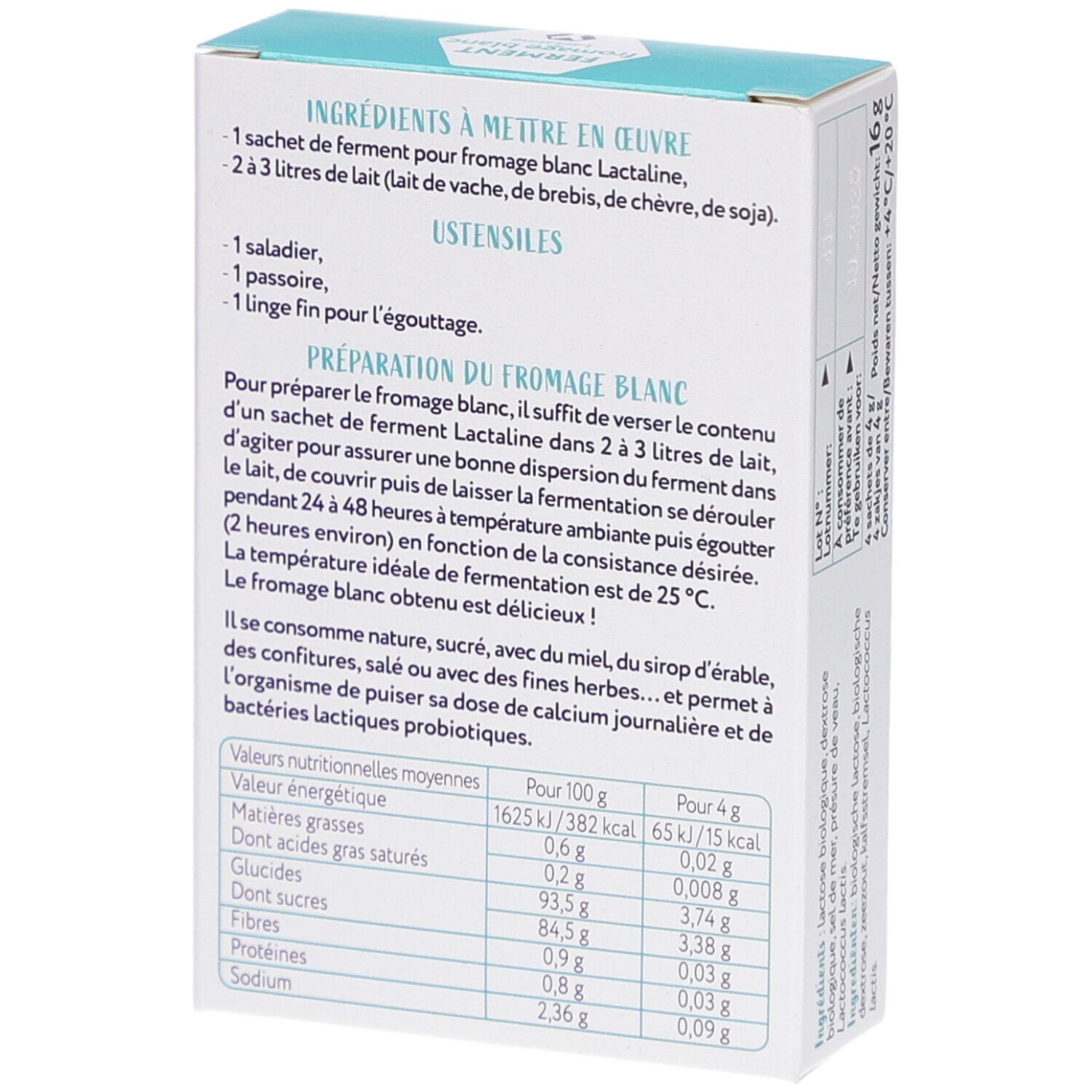 Rückseite der Verpackung. Text über die Zubereitung von Quark. Nährwertangaben. Zutatenliste.