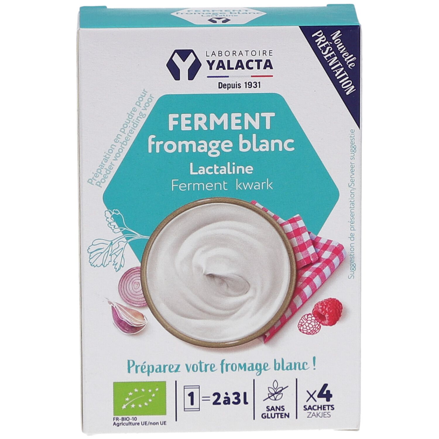 Verpackung mit Aufschrift "FERMENT fromage blanc". Enthält 4 Beutel. Bio-Siegel. Abbildung von Quark und Zutaten.