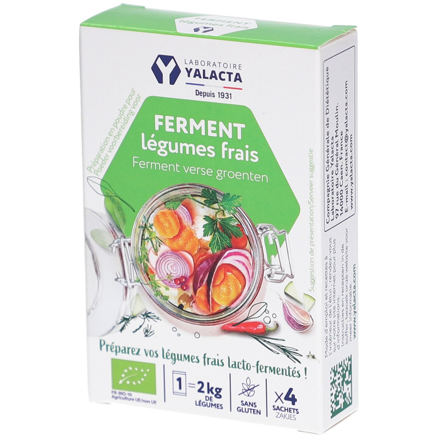 Verpackung mit Yalacta Ferment. Grünes Design mit Gemüse-Illustration. Enthält 4 Beutel. Bio-Zertifizierung.