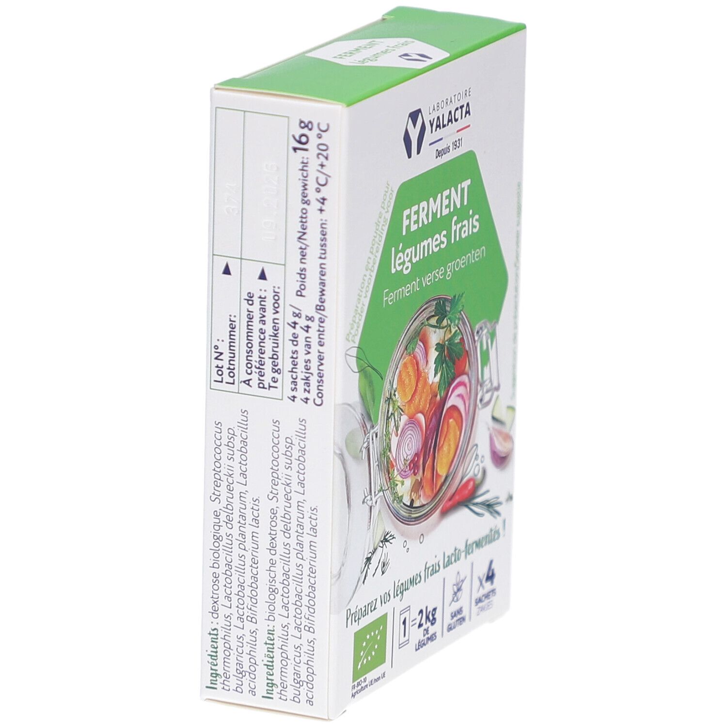 Yalacta Ferment-Verpackung, Seitenansicht. Enthält 4 Beutel. Zutatenliste und Nährwertangaben. Bio-Zertifizierung.