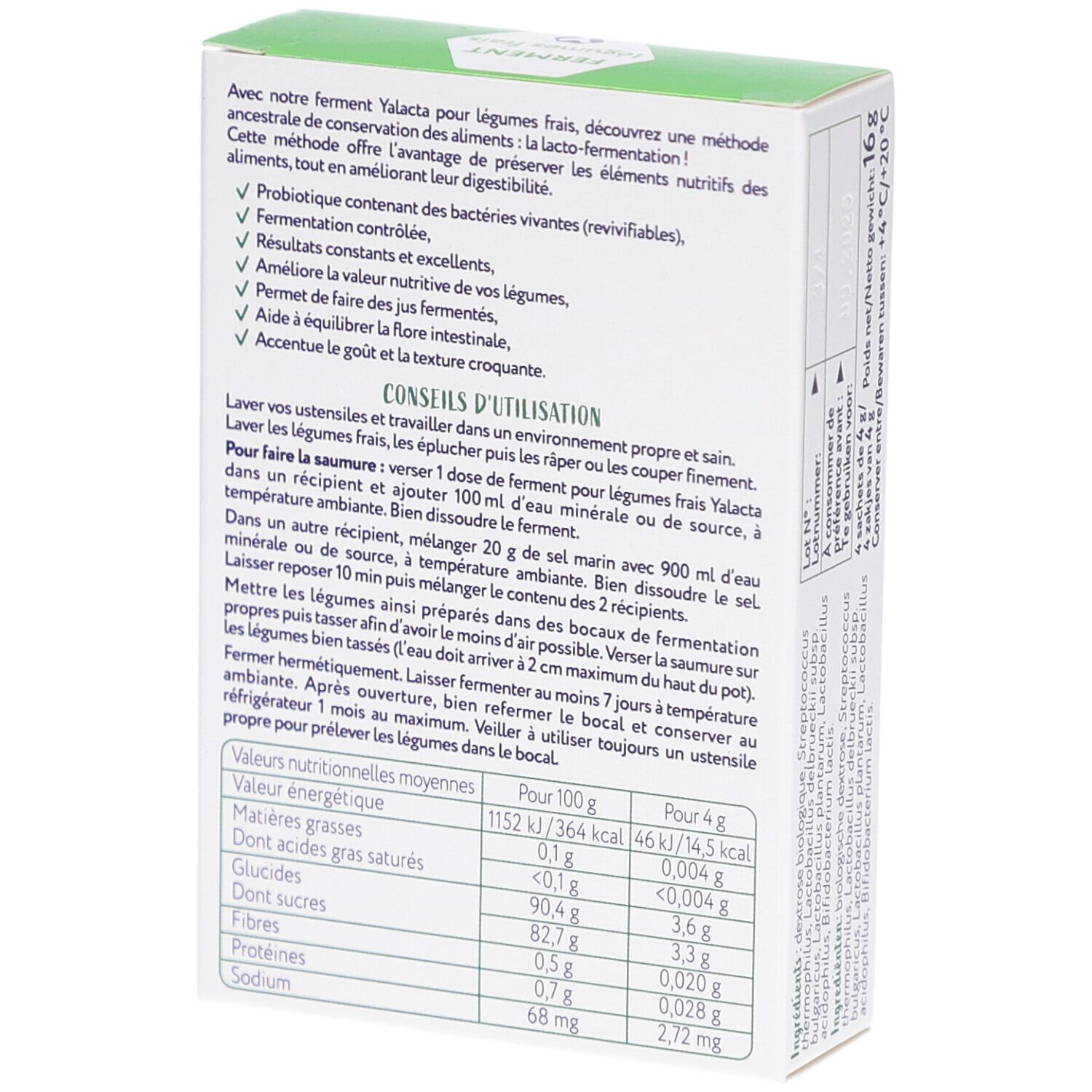 Rückseite der Yalacta Ferment-Verpackung. Gebrauchsanweisung und Nährwertangaben. Text auf Französisch.