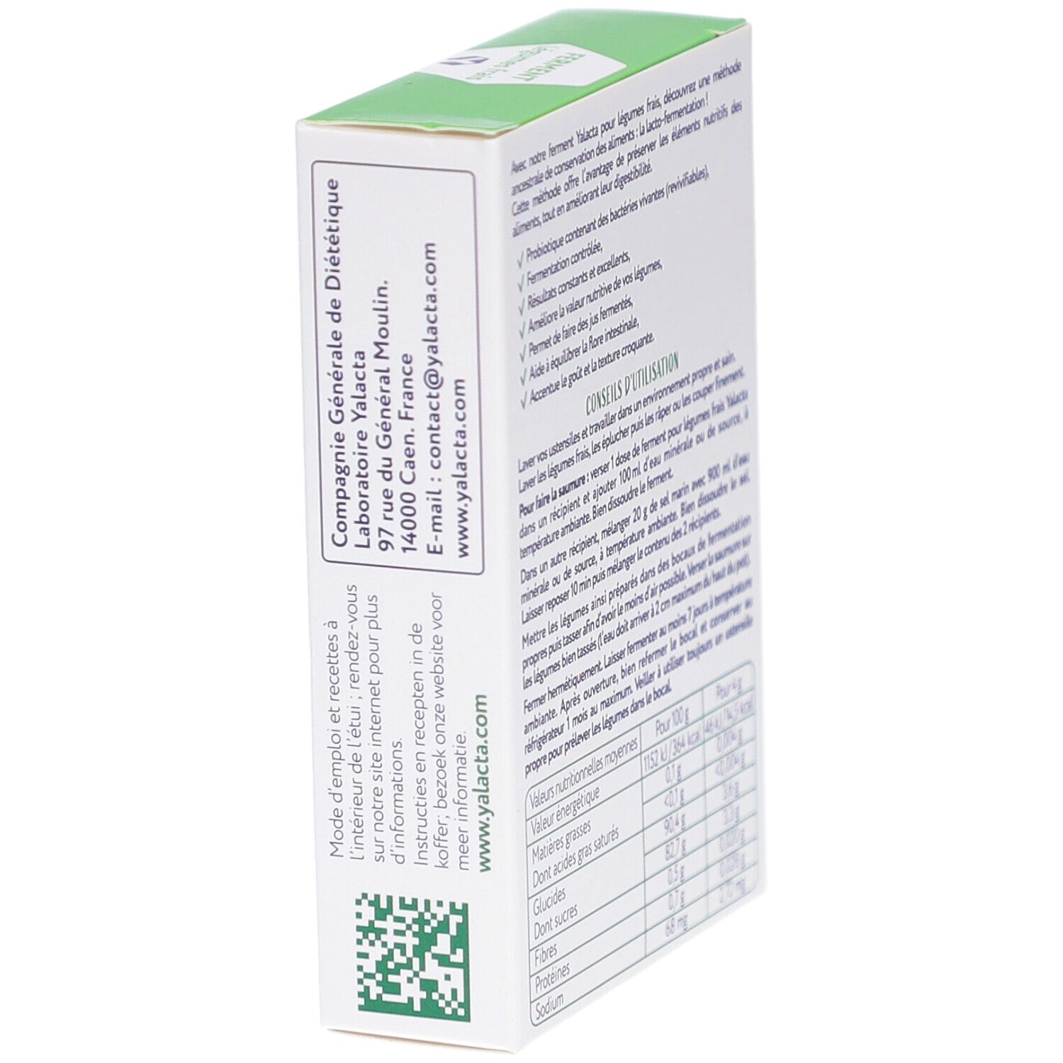 Yalacta Ferment-Verpackung, Seitenansicht. Kontaktinformationen und QR-Code. Text auf Französisch.