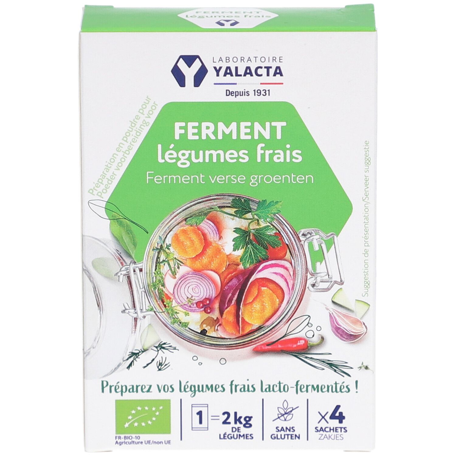 Yalacta Ferment-Verpackung, Frontansicht. Grünes Design mit Gemüse-Illustration. Enthält 4 Beutel. Bio-Zertifizierung.