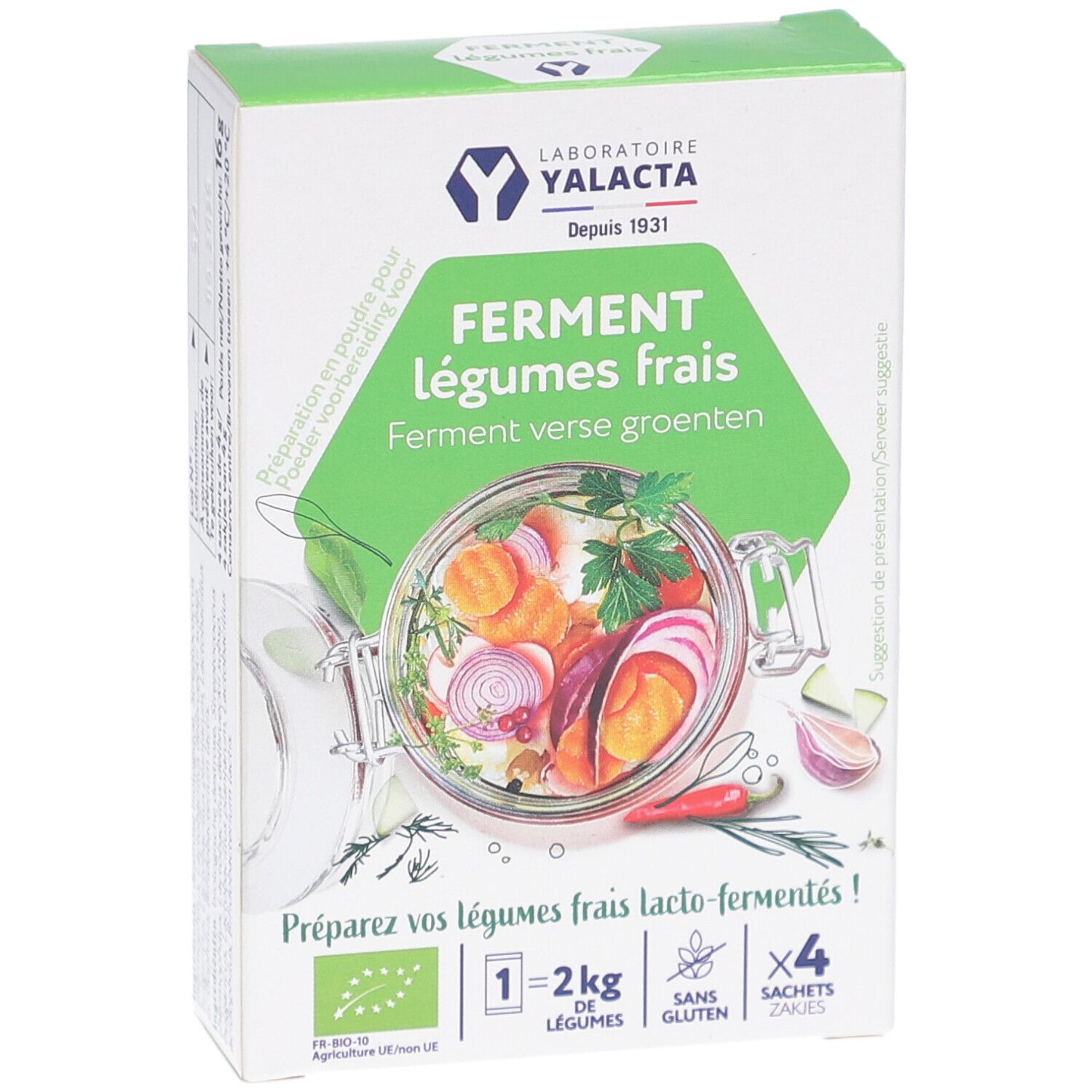 Yalacta Ferment-Verpackung, leicht schräg. Grünes Design mit Gemüse-Illustration. Enthält 4 Beutel. Bio-Zertifizierung.
