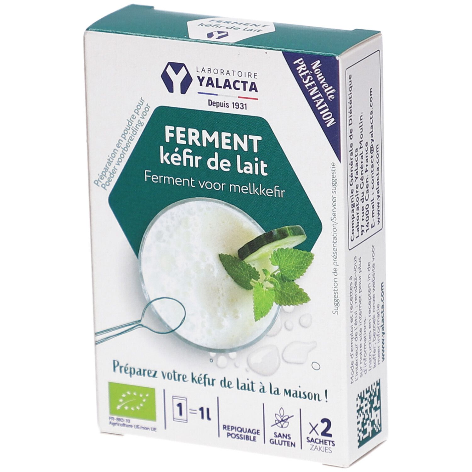 Kartonverpackung mit Produktnamen und Logo. Enthält zwei Beutel. Text: Ferment für Milch-Kefir. Bio-Siegel.