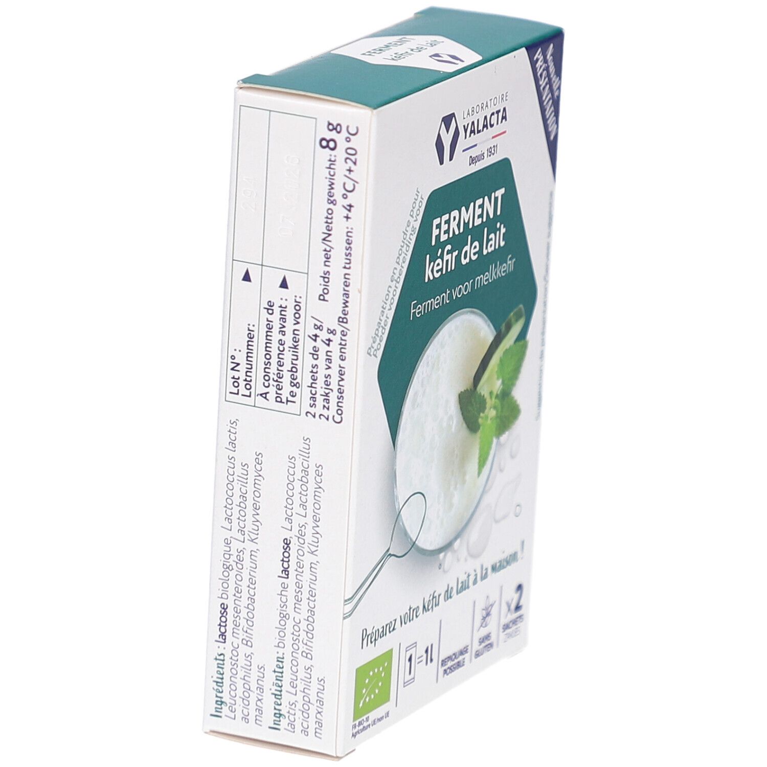 Seitenansicht der Kartonverpackung. Enthält Informationen zu Inhaltsstoffen und Nährwerten. Text: Ferment für Milch-Kefir.