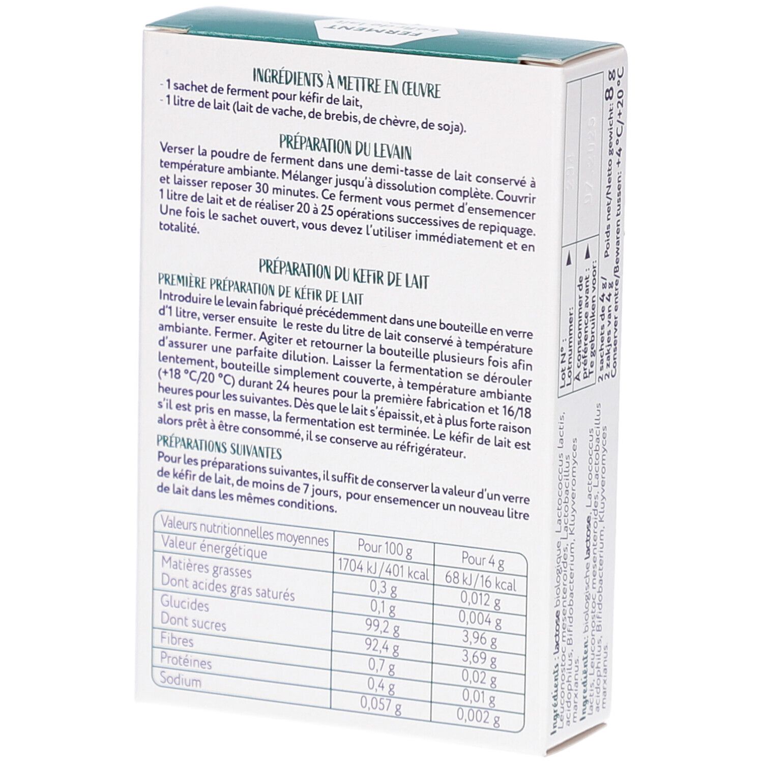 Rückseite der Kartonverpackung. Enthält Zubereitungshinweise und Nährwertangaben. Text: Ferment für Milch-Kefir.