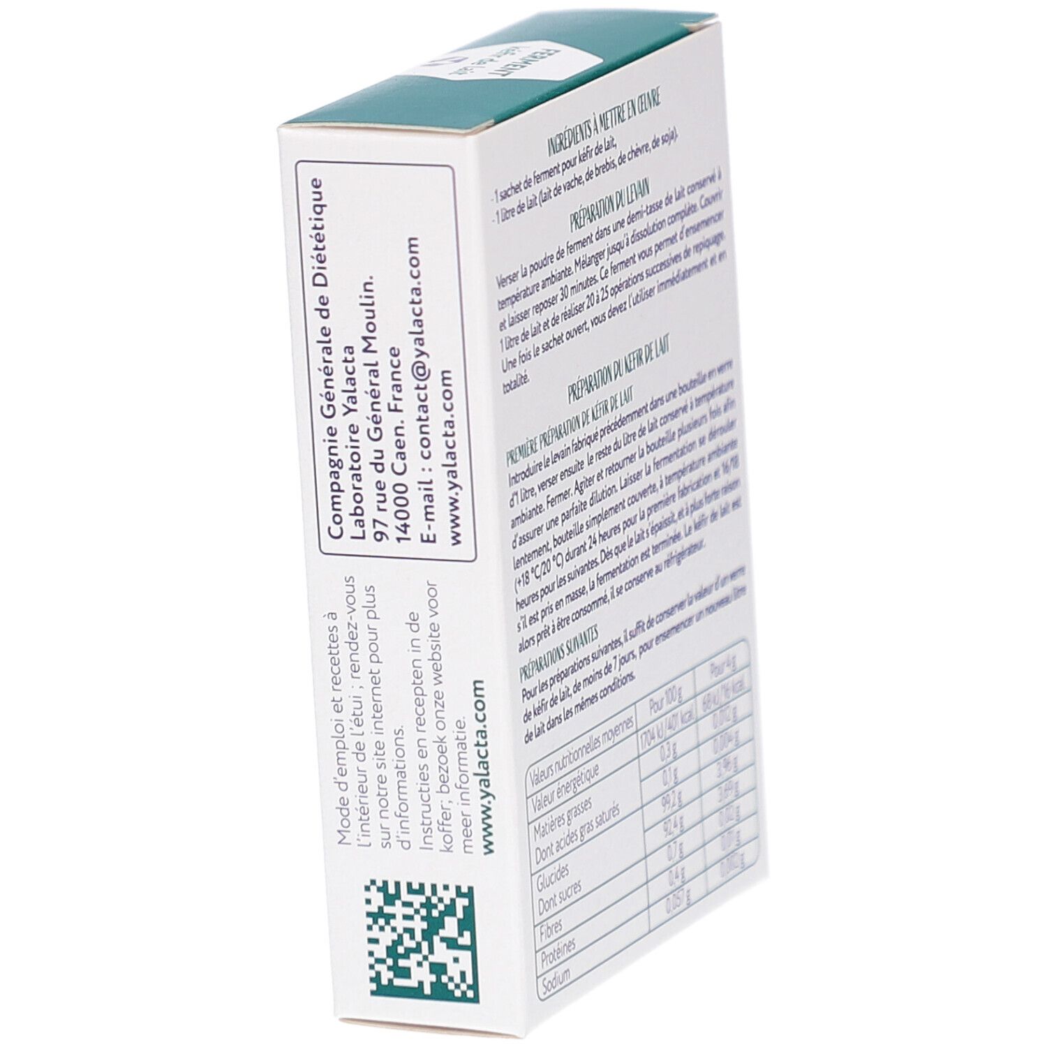 Seitenansicht der Kartonverpackung. Enthält Kontaktinformationen und QR-Code. Text: Ferment für Milch-Kefir.