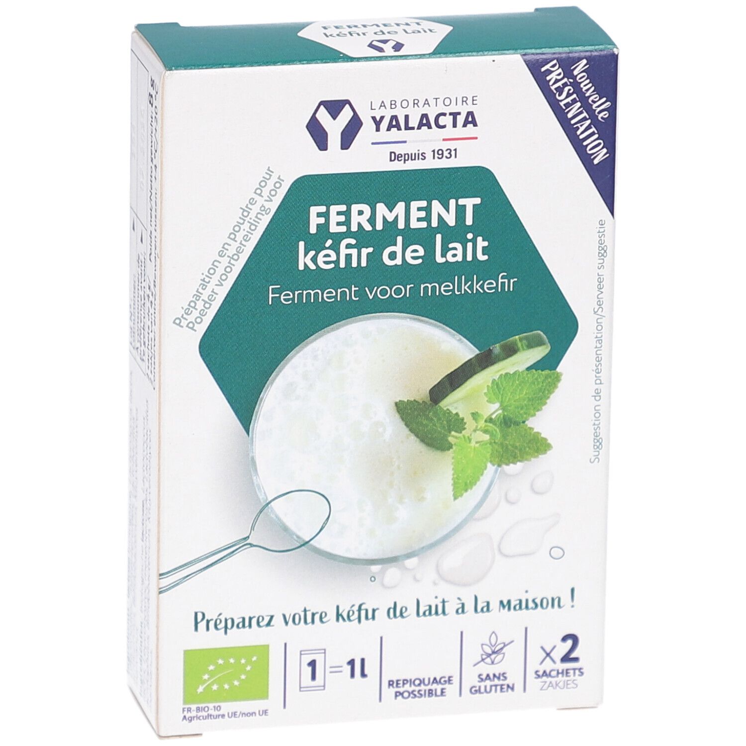 Kartonverpackung mit Produktnamen und Logo. Enthält zwei Beutel. Text: Ferment für Milch-Kefir. Bio-Siegel.