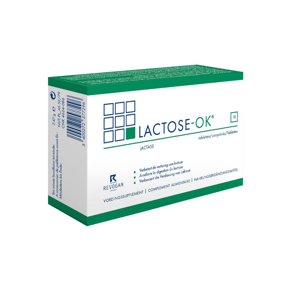 Laktose-OK-Packung und Text. Enthält Lactase. Für bessere Milchverdauung. Vor der Mahlzeit einnehmen.