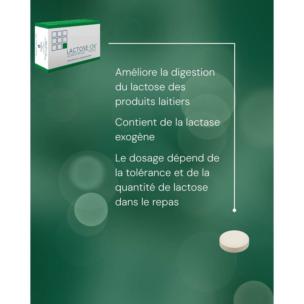 Graphique avec comprimé et texte. Composition par comprimé : lactase. 1 comprimé pour un grand verre de lait.