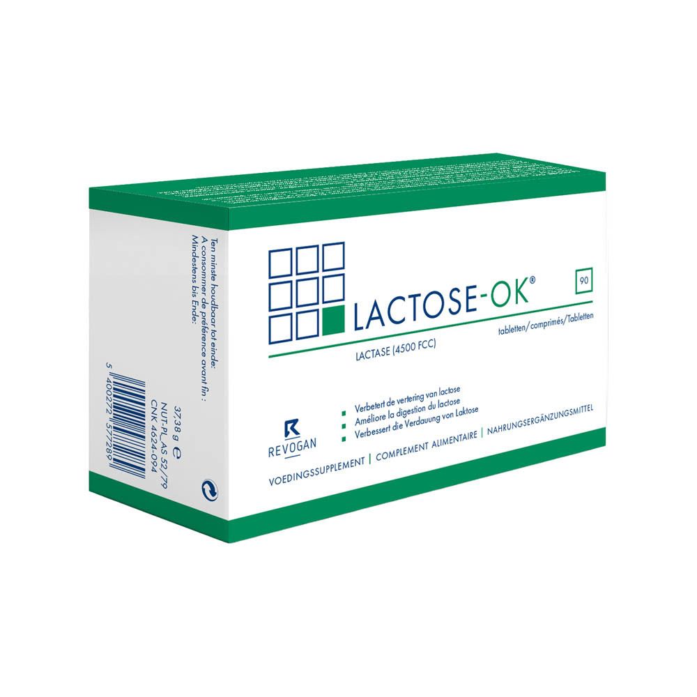 Boîte et texte "LACTOSE-OK". Texte en allemand. Contient de la lactase. 4.500 FCC/comprimé.