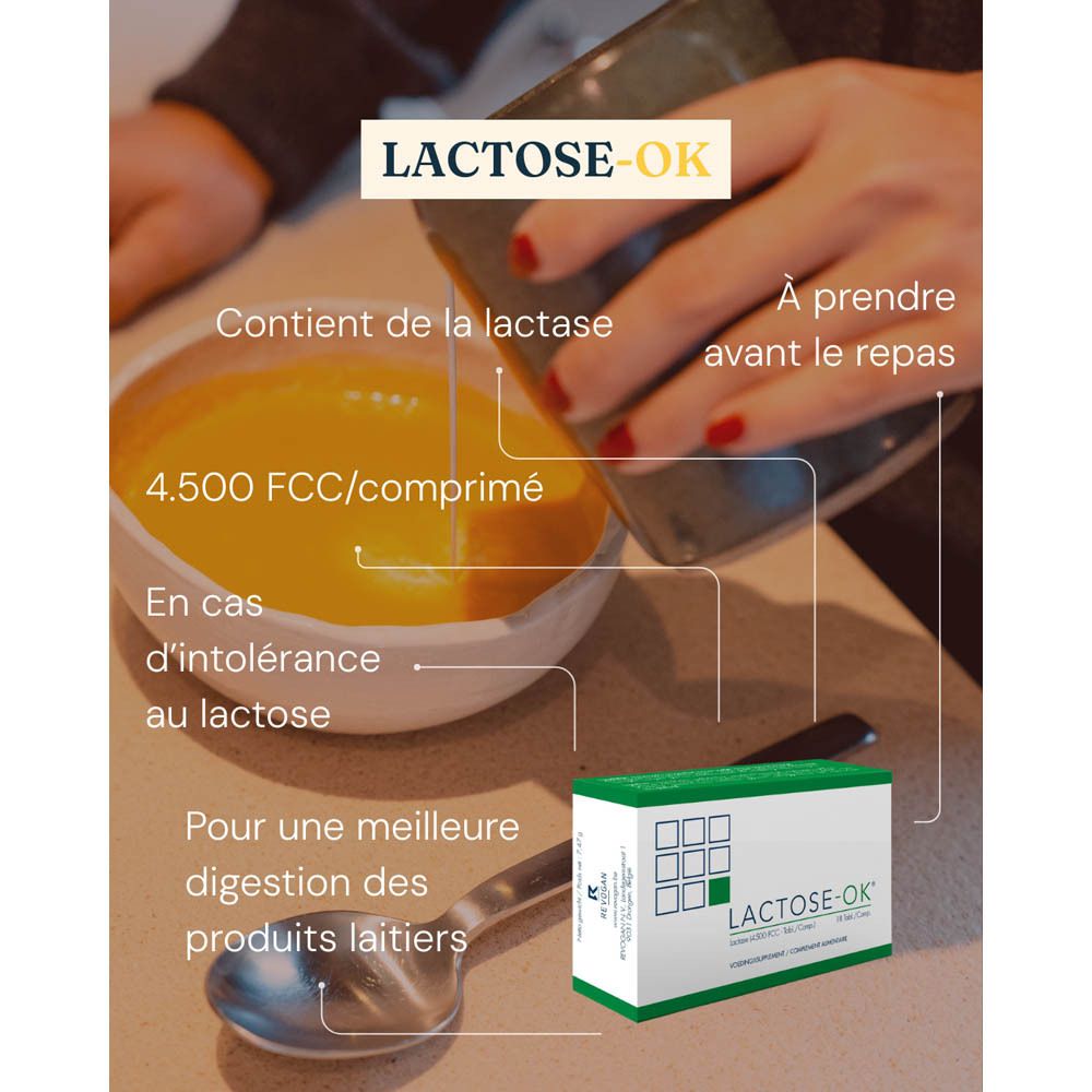 Image du produit avec texte. Contient de la lactase. À prendre avant le repas. Pour une meilleure digestion.