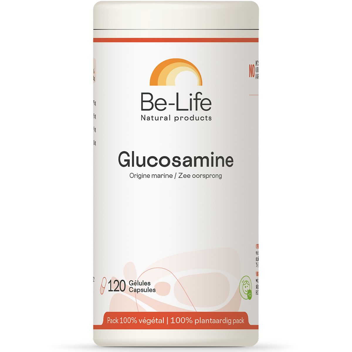 Boîte cylindrique "Be-Life Glucosamine". Contient 120 gélules. Inscription "Origine marine / Zee oorsprong". Pack 100% végétal.