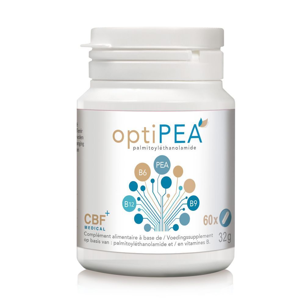 Flacon blanc de CBF Medical OptiPEA. Inscriptions : OptiPEA, PEA, B6, B12, B9. Contient 60 gélules.