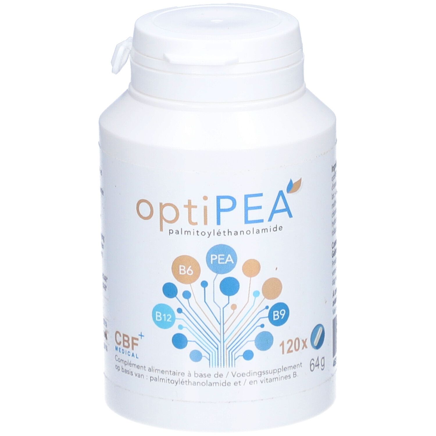 Weiße Flasche mit "optiPEA"-Aufdruck und Diagramm. Enthält 120 Kapseln. CBF Medical Logo.
