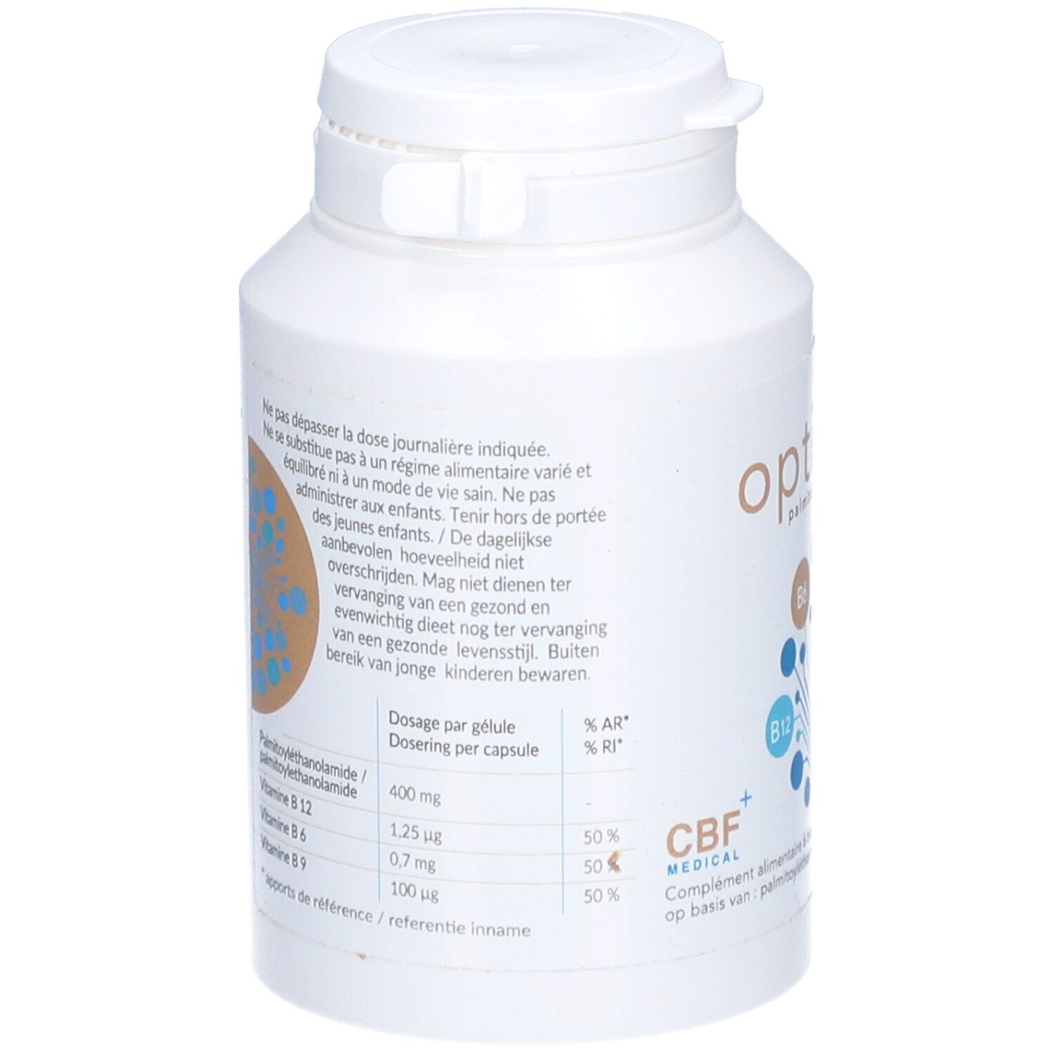 Rückseite der weißen Flasche. Enthält Informationen zu Inhaltsstoffen und Dosierung. CBF Medical Logo.