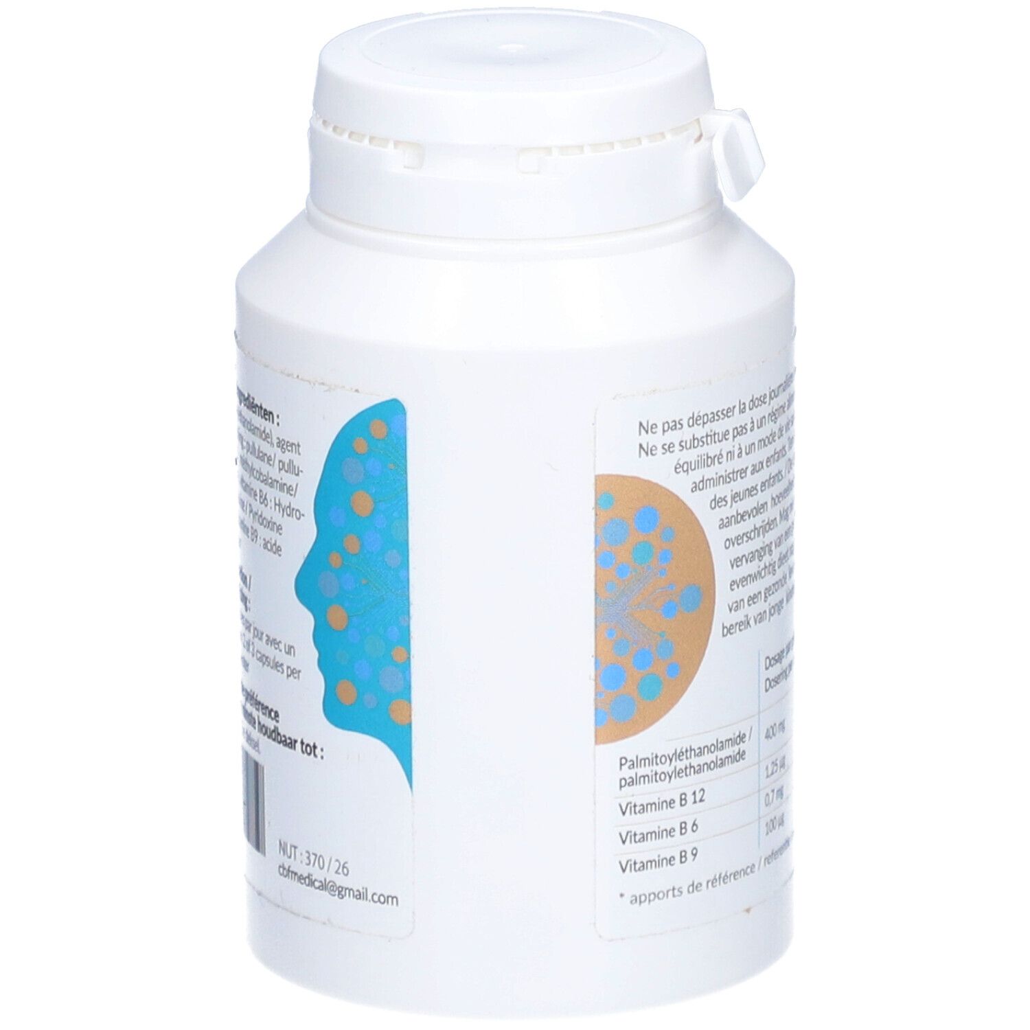 Rückseite der weißen Flasche. Enthält Informationen zu Inhaltsstoffen und Dosierung. CBF Medical Logo.