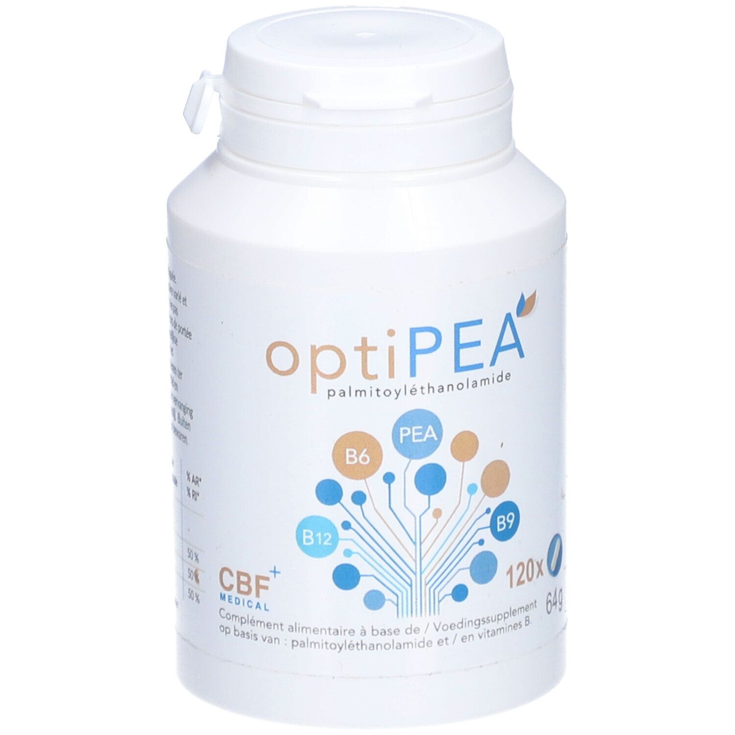 Weiße Flasche mit "optiPEA"-Aufdruck und Diagramm. Enthält 120 Kapseln. CBF Medical Logo.