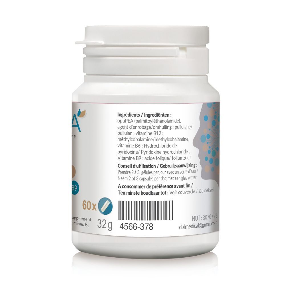 Flacon blanc de CBF Medical OptiPEA. Inscriptions : OptiPEA, PEA, B6, B12, B9. Contient 120 gélules.
