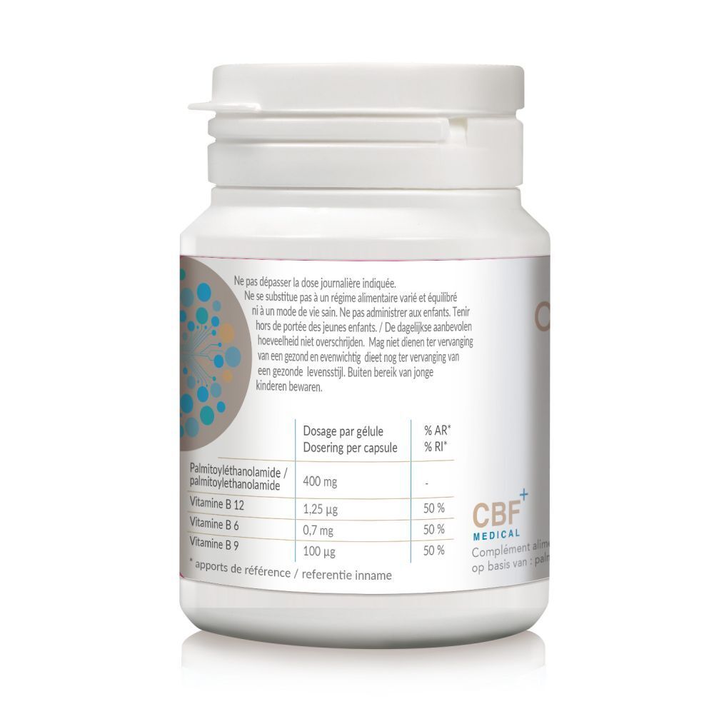 Dosage et ingrédients sur le flacon CBF Medical OptiPEA. Contient 120 gélules.