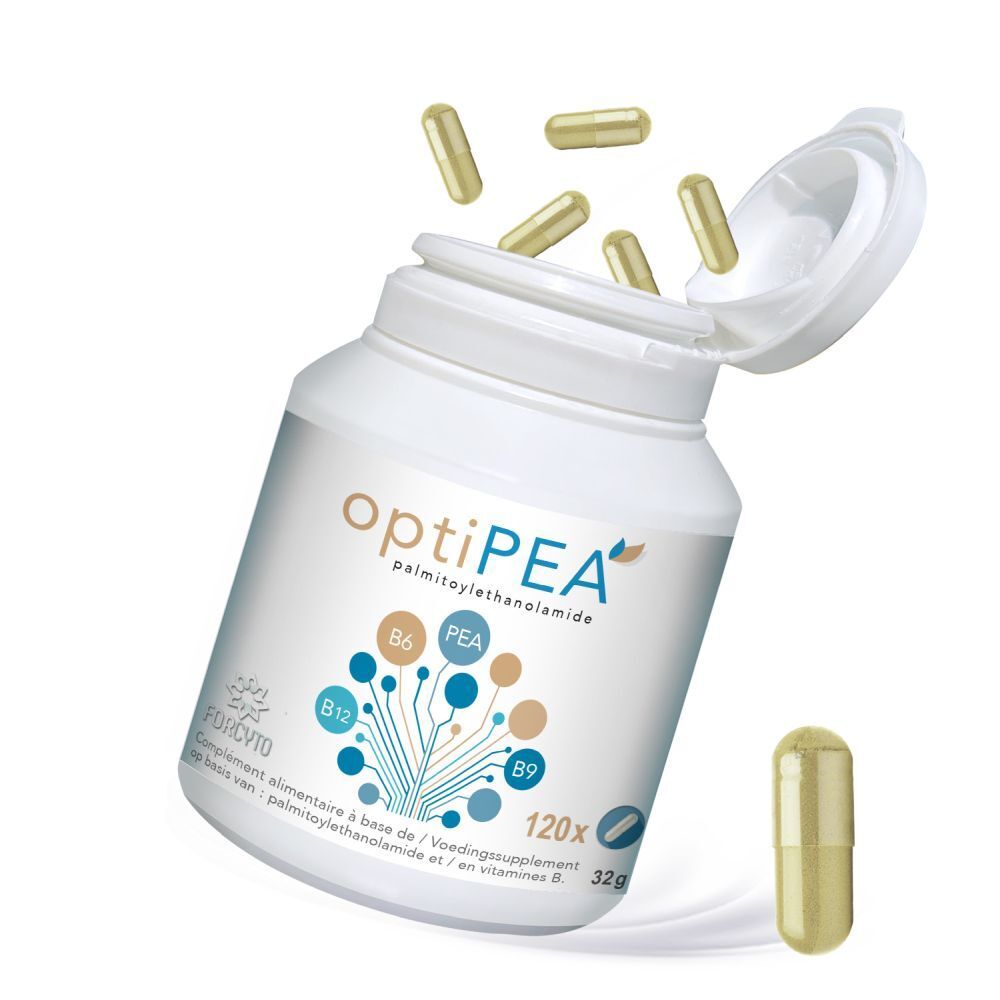 Dosage et ingrédients sur le flacon CBF Medical OptiPEA. Contient 120 gélules.
