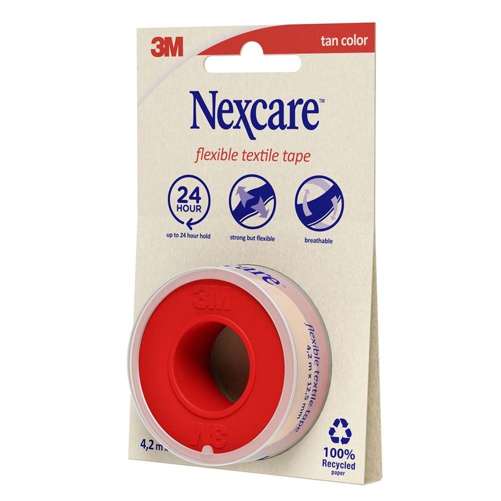 Verpackung mit Nexcare Textilband. Rolle mit rotem Kern und beigem Band. Maße: 4,2 m x 12,5 mm. 100% recyceltes Papier.