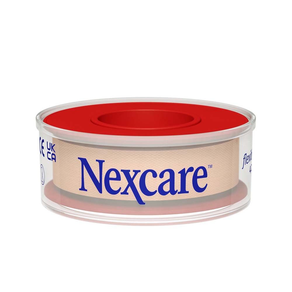 Verpackung mit Nexcare Textilband. Rolle mit rotem Kern und beigem Band. Maße: 4,2 m x 12,5 mm. 100% recyceltes Papier.