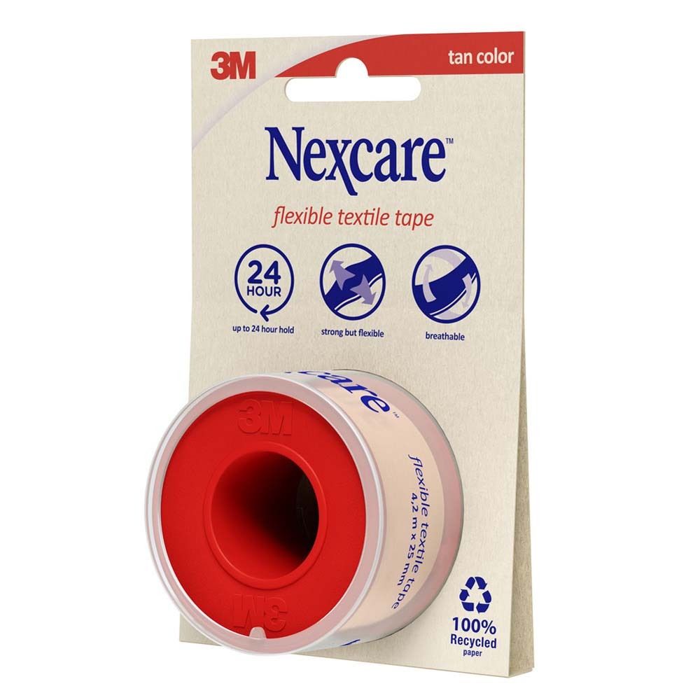 Rolle Textilband, rot-beige. Marke Nexcare. Auf Verpackung: 4,2 m x 25 mm. 3M Logo. 100% Recycling Papier.