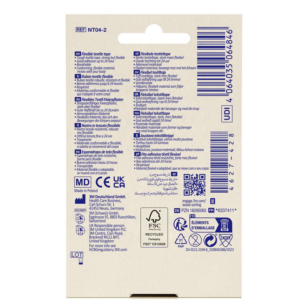 Dos de l'emballage du ruban textile flexible Nexcare. Informations multilingues, code QR, logo de recyclage.