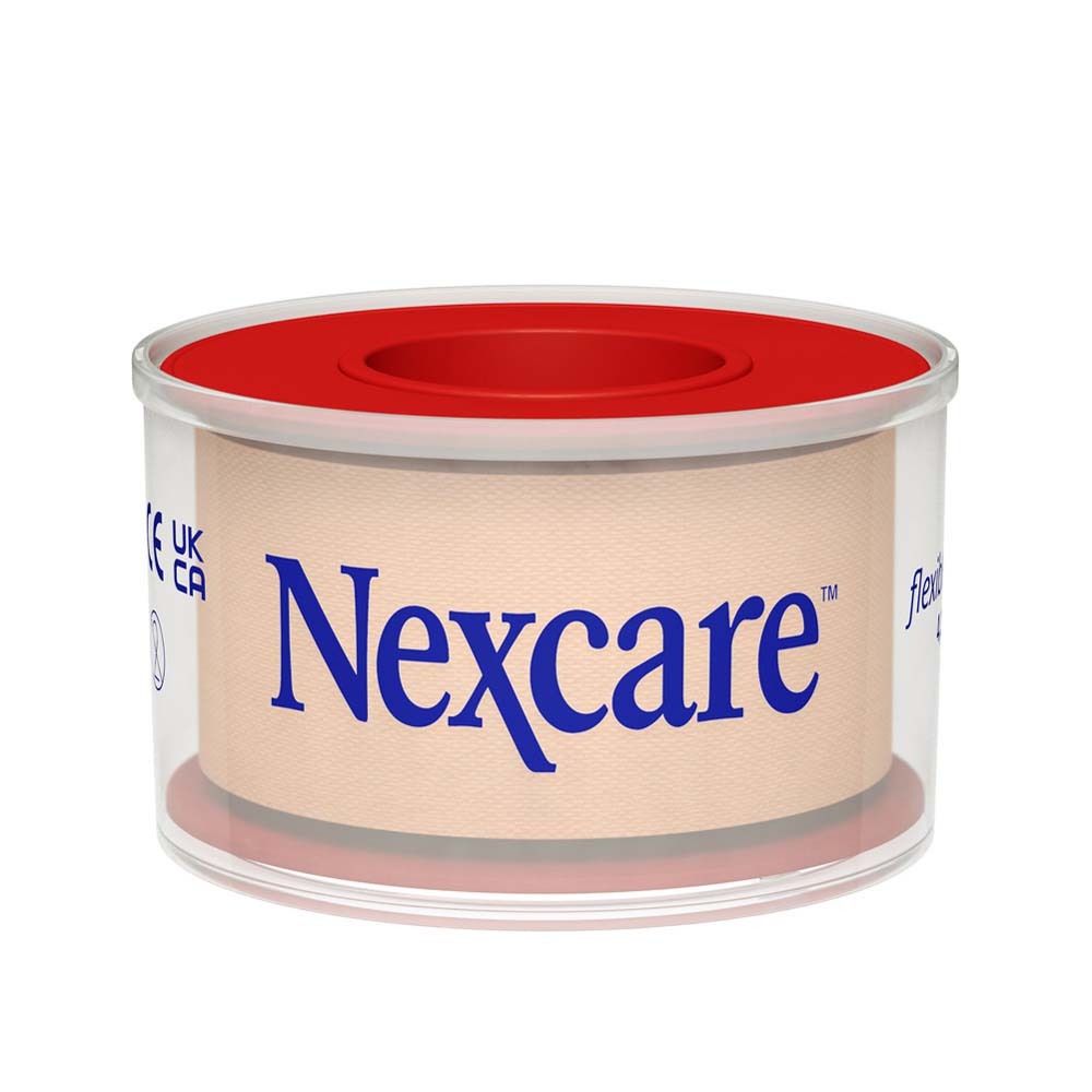 Rolle Textilband, rot-beige. Marke Nexcare. Auf Verpackung: 4,2 m x 25 mm. 3M Logo. 100% Recycling Papier.