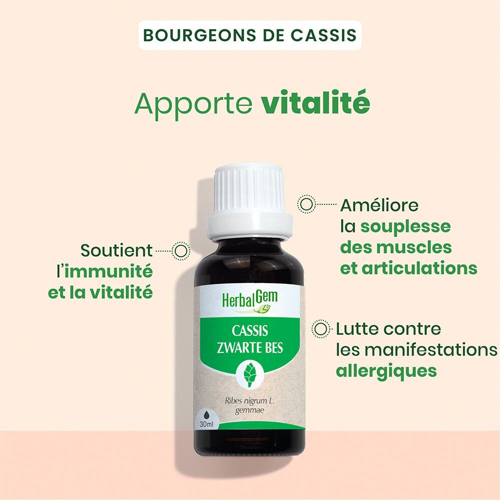 Produktflasche mit Text: Cassis Zwarte Bes. Unterstützt Immunität und Vitalität. Verbessert Flexibilität.