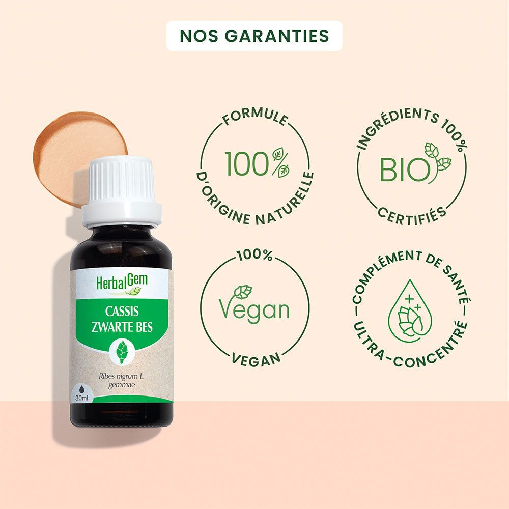 Produktflasche mit Text: Cassis Zwarte Bes. 100% natürliche Inhaltsstoffe, vegan, Bio-Zertifizierung.